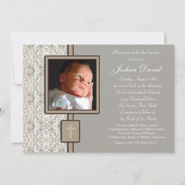 Convite Ivory Beige Boy Photo Christening (Frente)