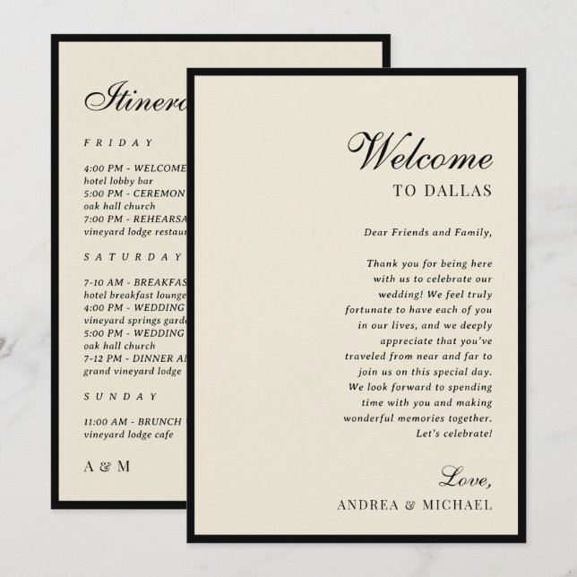 Convite Ivory & Black Old Money Wedding Itinerary Card (Frente/Verso)