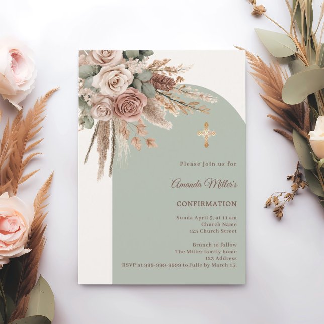 Convite Ivory blush roses sage green arch Confirmation (Criador carregado)
