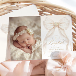 Convite Ivory Bow Pearls Elegant photo Baptism