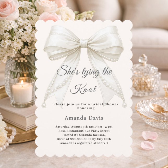 Convite Ivory bow pearls tying the knot Bridal Shower (Criador carregado)