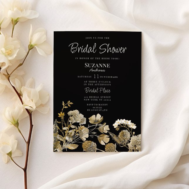 Convite Ivory brown black wildflower winter Bridal Shower (Ivory brown black wildflower winter Bridal Shower)