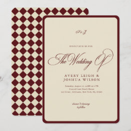 Convite Ivory & Burgundy Checkered Border Retro Wedding