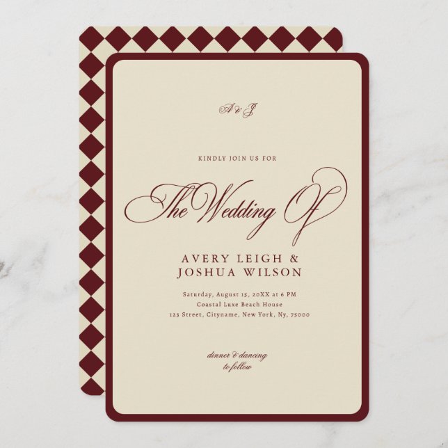 Convite Ivory & Burgundy Checkered Border Retro Wedding (Frente/Verso)