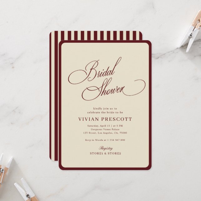 Convite Ivory Burgundy Stripes Border Retro Bridal Shower (Frente/Verso In Situ)