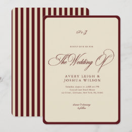 Convite Ivory & Burgundy Stripes Border Retro Wedding