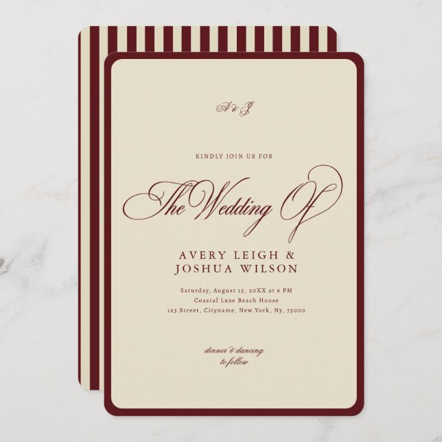 Convite Ivory & Burgundy Stripes Border Retro Wedding (Frente/Verso)
