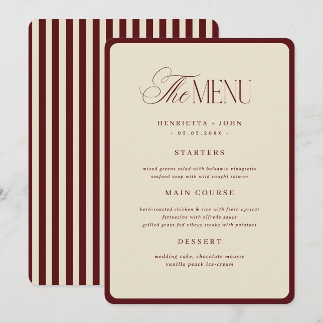 Convite Ivory Burgundy Stripes Border Wedding Menu Card (Frente/Verso)