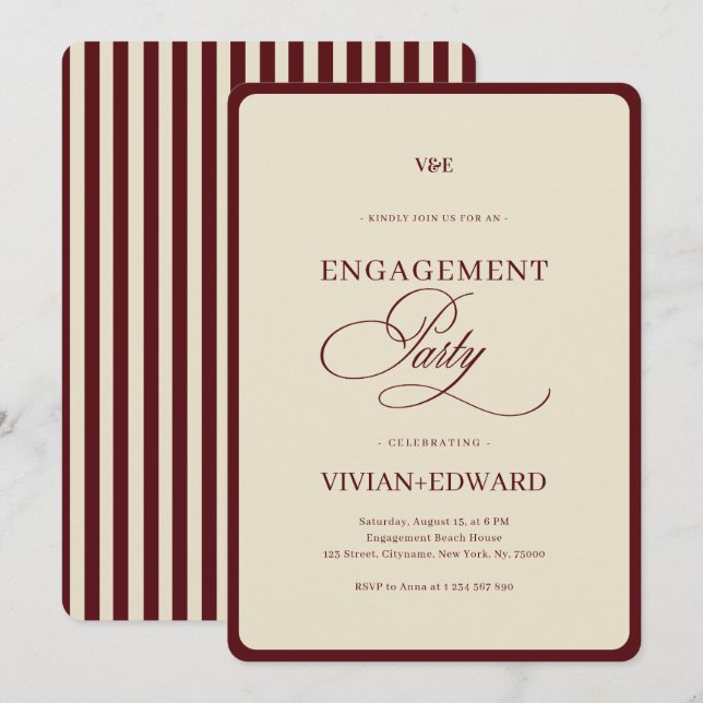 Convite Ivory & Burgundy Stripes Retro Engagement Party (Frente/Verso)