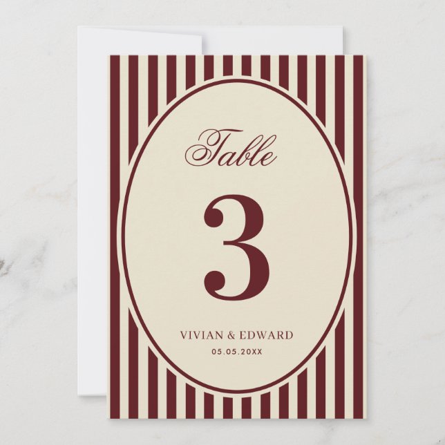 Convite Ivory Burgundy Stripes Retro Wedding Table Number (Frente)