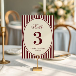 Convite Ivory Burgundy Stripes Retro Wedding Table Number