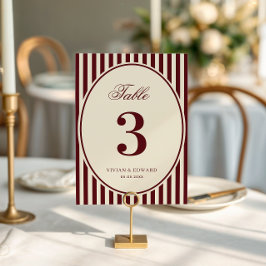 Convite Ivory Burgundy Stripes Retro Wedding Table Number