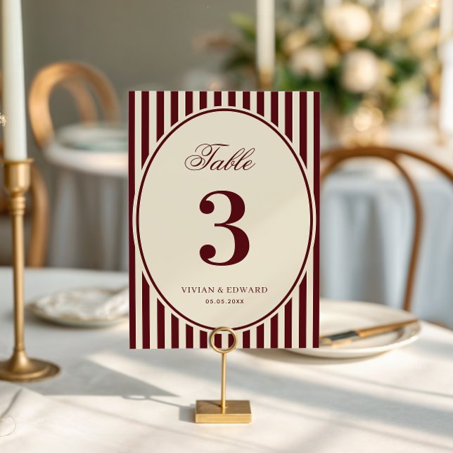 Convite Ivory Burgundy Stripes Retro Wedding Table Number (Criador carregado)