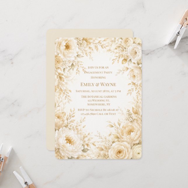 Convite Ivory Champagne Pérola Branca Floral Compromisso P (Frente/Verso In Situ)