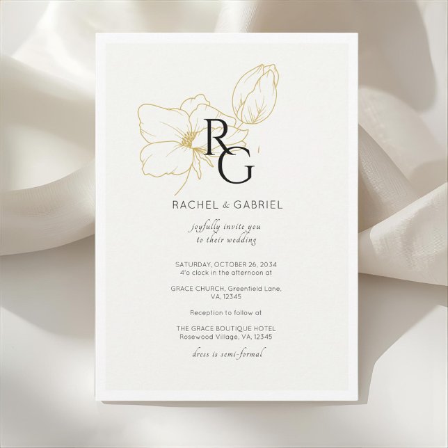 Convite Ivory | Chic Floral Monogram Wedding Invitation (Criador carregado)