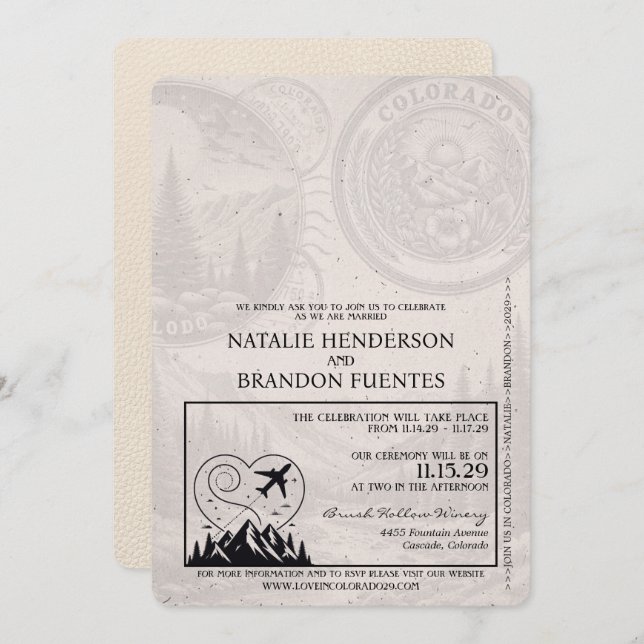 Convite Ivory Colorado Passport Wedding (Frente/Verso)