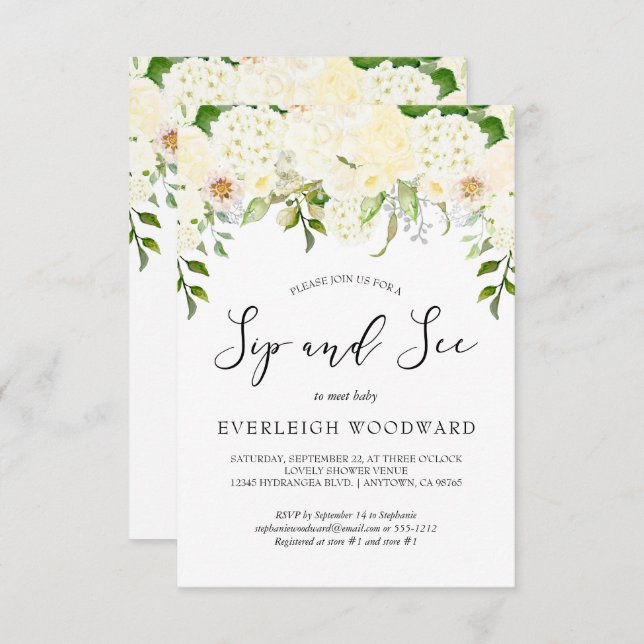 Convite Ivory Cream Floral Greenerescência Sip e Veja Baby (Frente/Verso)