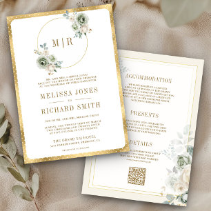 Convite Ivory Creme Verde Sage Floral Tudo em Um Casamento