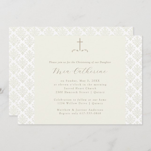 Convite Ivory Damask Cream Cross Christening / Baptismo (Frente/Verso)