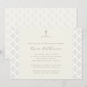 Convite Ivory Damask Cream Cross Christening / Batismo