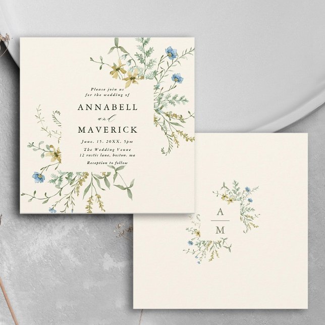 Convite Ivory Delicate Wildflower Modern Boho Wedding (Front & Back)