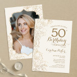 Convite Ivory Dourada Foto 50th Festa de aniversário<br><div class="desc">Ivory Dourado Floral Foto 50º Convite de aniversário. Design minimalista moderno com desenhos botânicos em destaque e letra de script de tipografia. Simples trendy convida cartão perfeito para uma festa de na moda. Pode ser personalizado para qualquer idade. Impressos convites Zazzle ou modelo de impressão digital instantânea para download.</div>