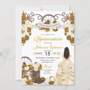 Convite Ivory Dourada Western Ranchero Cowgirl Quinceanera