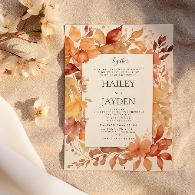 Convite Ivory dourado burgundy laranja Folhas de outono ca (Ivory gold burgundy orange Autumn leaves wedding )