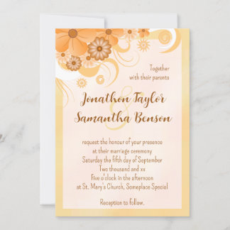 Convite Ivory Dourado e Peach Hibiscus Floral Elegante Con