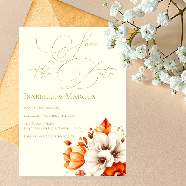 Convite Ivory & Dourado Floral Salve a data de casamento (Ivory & Gold Floral Save the Date Wedding Invitation)
