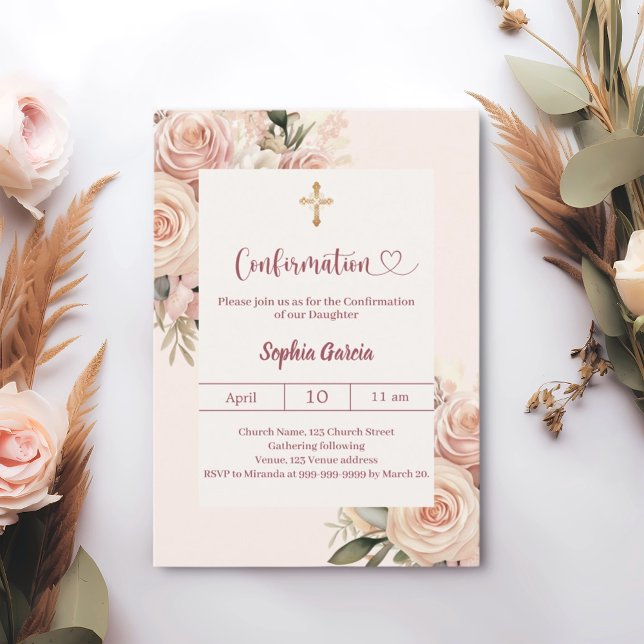 Convite Ivory dusty rose florals Confirmation (Criador carregado)
