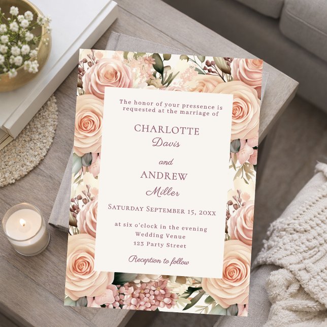 Convite Ivory dusty rose mauve florals wedding (Criador carregado)