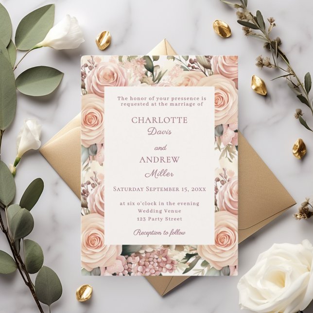Convite Ivory dusty rose mauve florals wedding (Criador carregado)