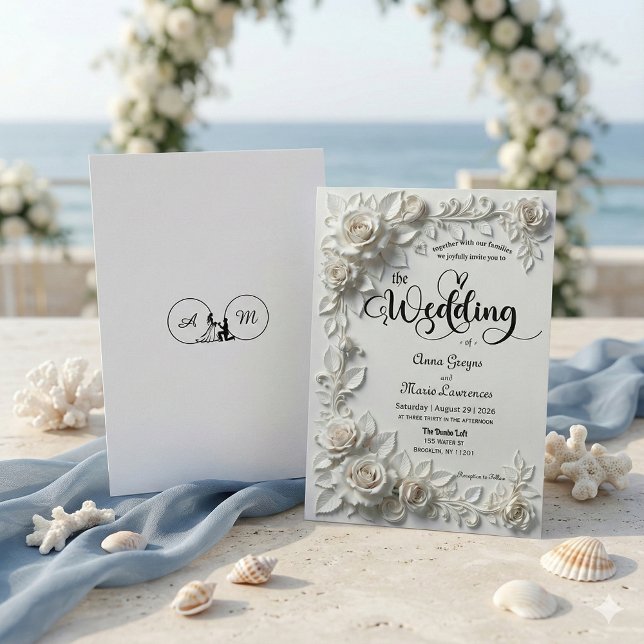 Convite Ivory Faux Plaster Relief Roses Formal Wedding  (Criador carregado)