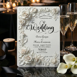 Convite Ivory Faux Plaster Relief Roses Formal Wedding 