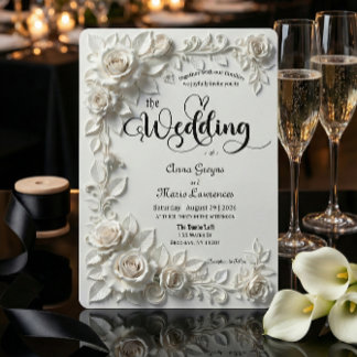 Convite Ivory Faux Plaster Relief Roses Formal Wedding 