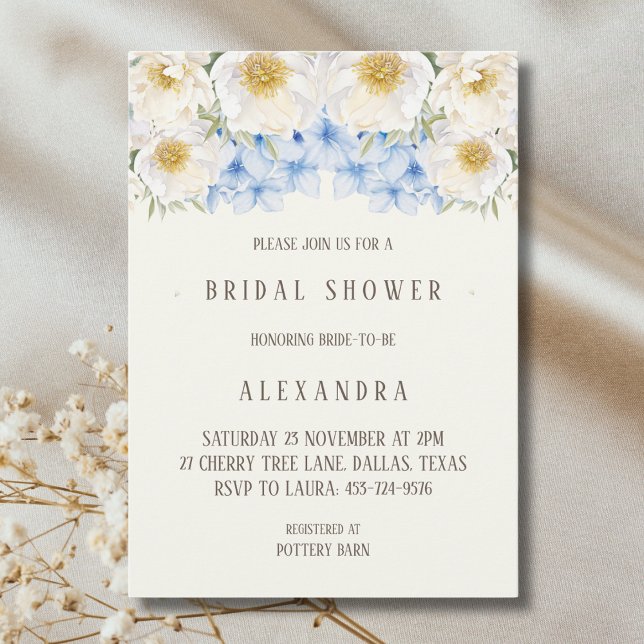Convite Ivory Floral Blue Hydrangea Garden Bridal Shower (Criador carregado)