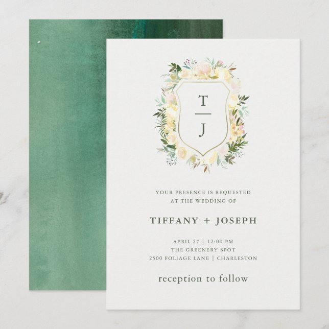 Convite Ivory Floral com Verde | Casamento Crest Watercolo (Frente/Verso)