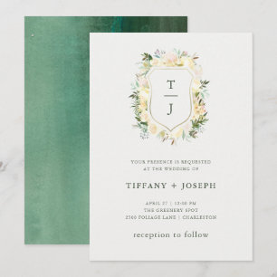 Convite Ivory Floral com Verde   Casamento Crest Watercolo