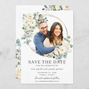 Convite Ivory Floral Eucalyptus Photo Save the Date Card