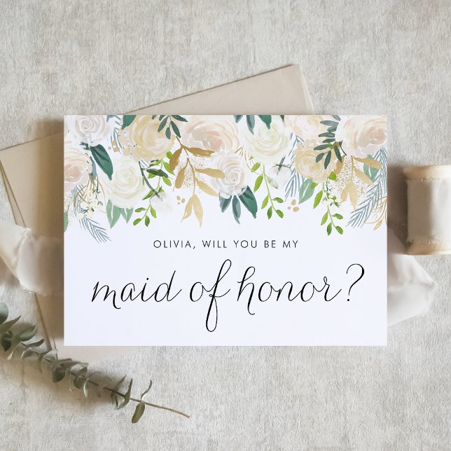 Convite Ivory Floral Garland Você Será Minha Madrinha de c (Elegant maid of honor proposal card featuring flowers in neutral shades with faux gold foil accents.)