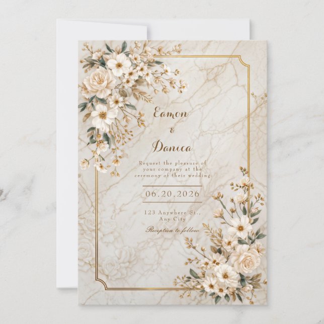 Convite Ivory Floral Marble Gilded Frame Wedding (Frente)