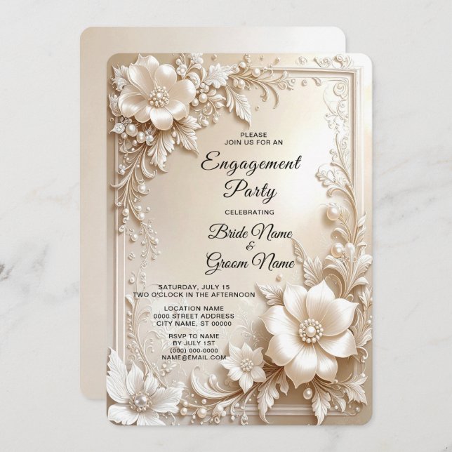 Convite Ivory Flowers Engagement Invitation (Frente/Verso)