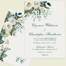 Convite Ivory Forest Teal Script Floral Wedding