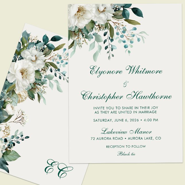 Convite Ivory Forest Teal Script Floral Wedding (Criador carregado)
