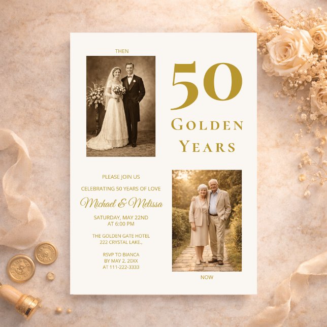 Convite Ivory Gold 50th Anniversary Photo Then and Now  (Elegant ivory gold 50th anniversary invitation with romantic then and now design)
