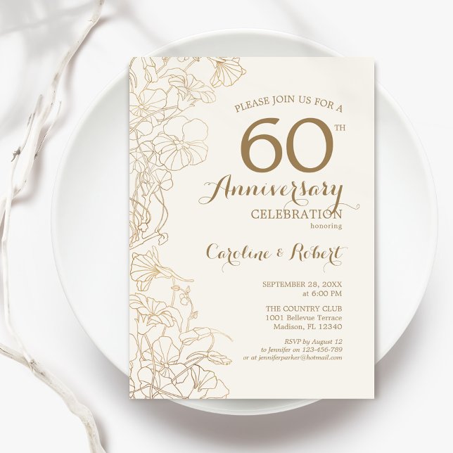 Convite Ivory Gold Floral 60º Aniversário (Criador carregado)