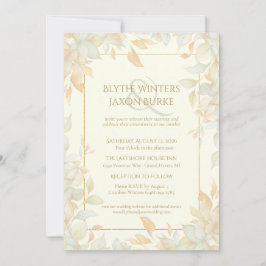 Convite Ivory Gold Leafy Border Botanical Elegant Wedding 