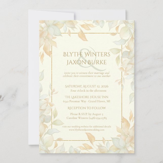 Convite Ivory Gold Leafy Border Botanical Elegant Wedding  (Frente)