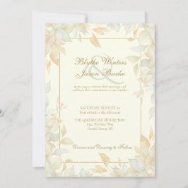 Convite Ivory Gold Leafy Border Botanical Elegant Wedding